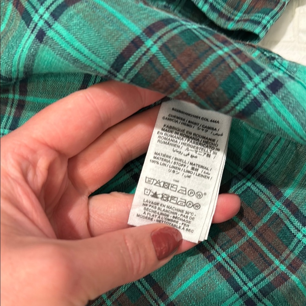 Bonpoint Linen Green Plaid Button down Shirt, size 8 - Picture 4 of 5
